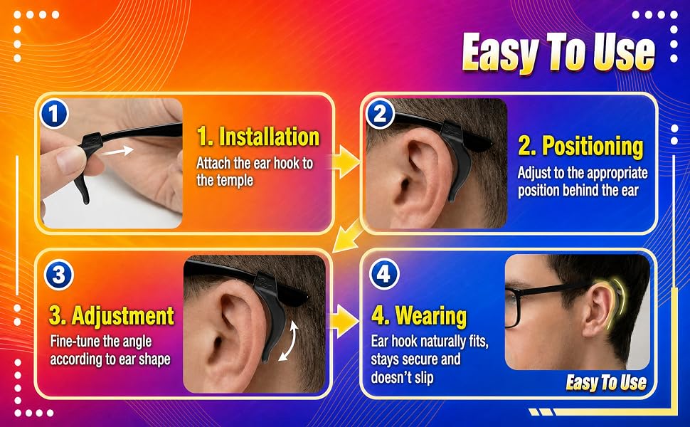 Easy-to-install silicone ear hooks for glasses that stay secure and non-slip