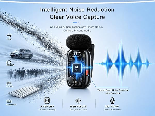 Noise cancelling wireless lavalier microphone for content creators streaming youtube tiktok vlogs