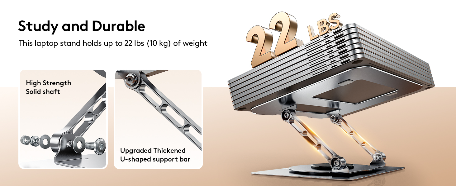 Text reads 'Study and Durable'. Technical diagram showing adjustable laptop stand mechanics with multiple viewing angles and height positions illustrated.