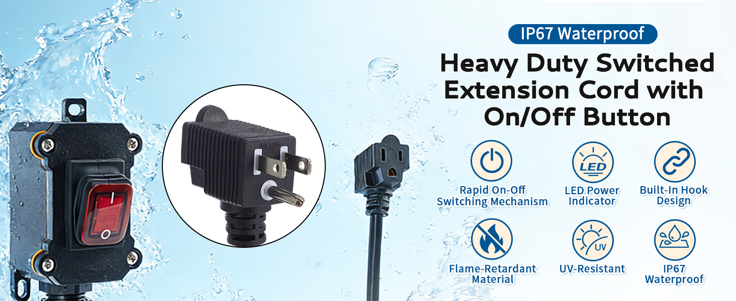 Heavy duty switched extension cord with on/off button