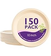 PACKINNO 10 Inch, 150 Pack Compostable Paper Plates Round Unbleached Brown Plates Made from Natur...