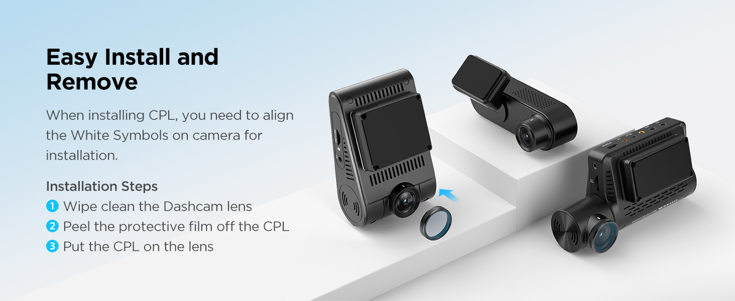 Easy installation steps for VIOFO CPL: align the white symbols and snap onto the dash cam lens.
