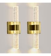 Rizzyluz Gold Wall Sconces Set of Two Crystal LED Bathroom Vanity Light Fixtures 2 Pack Modern Cr...