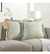 CPC Emerald Green Ruffle Throw Pillow Covers for Couch, 24x24 Inch Cotton Stripe Ruffle Couch Pil...