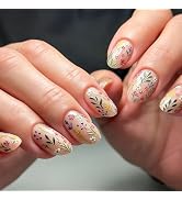 Press On Nails Medium Almond, Floral Fake Nails, Nude Nature Leaf Flower Acrylic Glue On Nails, R...