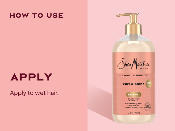 Image of the SheaMoisture Curl &amp; Shine Shampoo pump bottle, next to applying instructions.