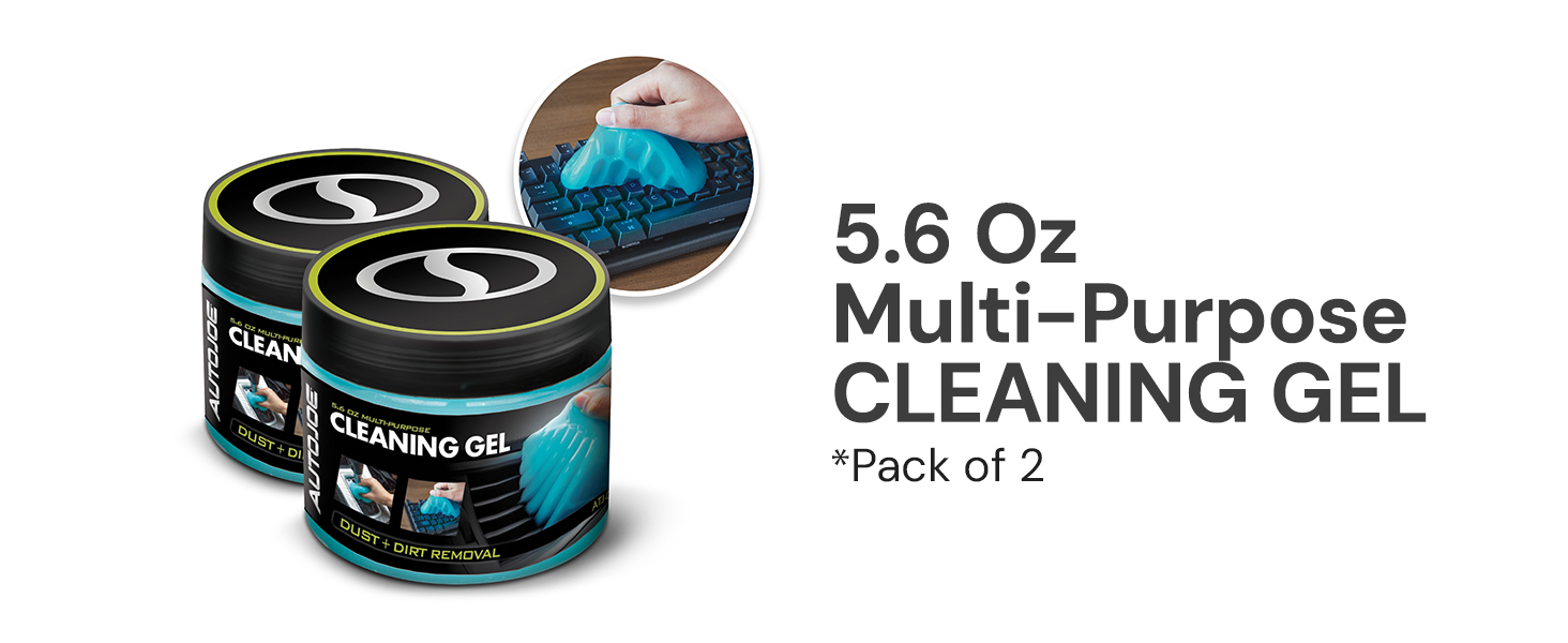 2 cans of cleaner gel and a hand cleaning a keyboard. 5.6 Oz Multi-Purpose Cleaning Gel.
