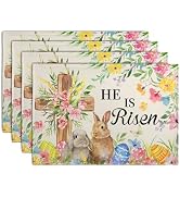 Wnoesat He is Risen Easter Placemats Set of 4 12x18 Inch Bunny Floral Cross Table Mats Spring Rab...