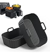 Black plastic air fryer baskets with ridged sides and handles. One basket shown separately, with inset image showing multiple baskets containing fried foods.