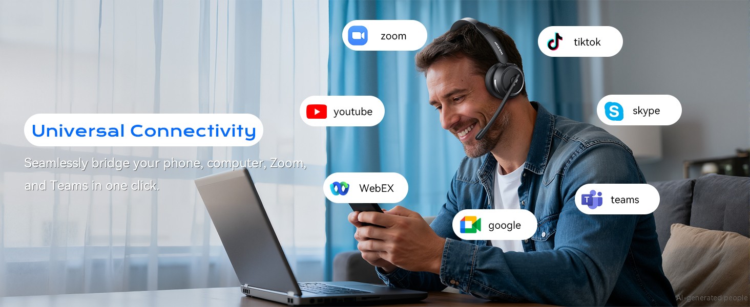 This wireless headset with mic for work is compatible with mainstream meeting apps