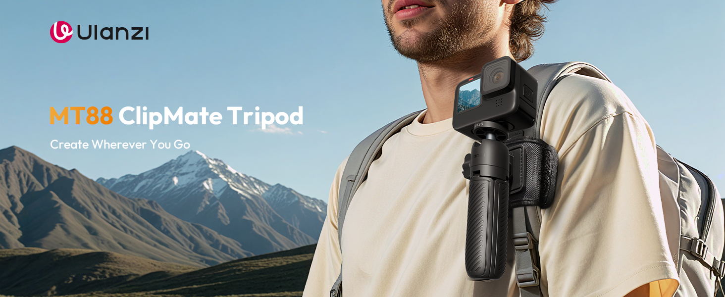 ULANZI MT88 ClipMate Camera Tripod, Selfie Stick w Velcro Strap &amp; Action Camera Adapter