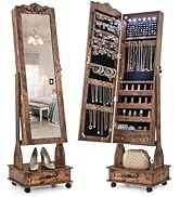 CHARMAID Rolling Jewelry Armoire with Full Length Mirror, Lockable Stand up Jewelry Cabinet with ...