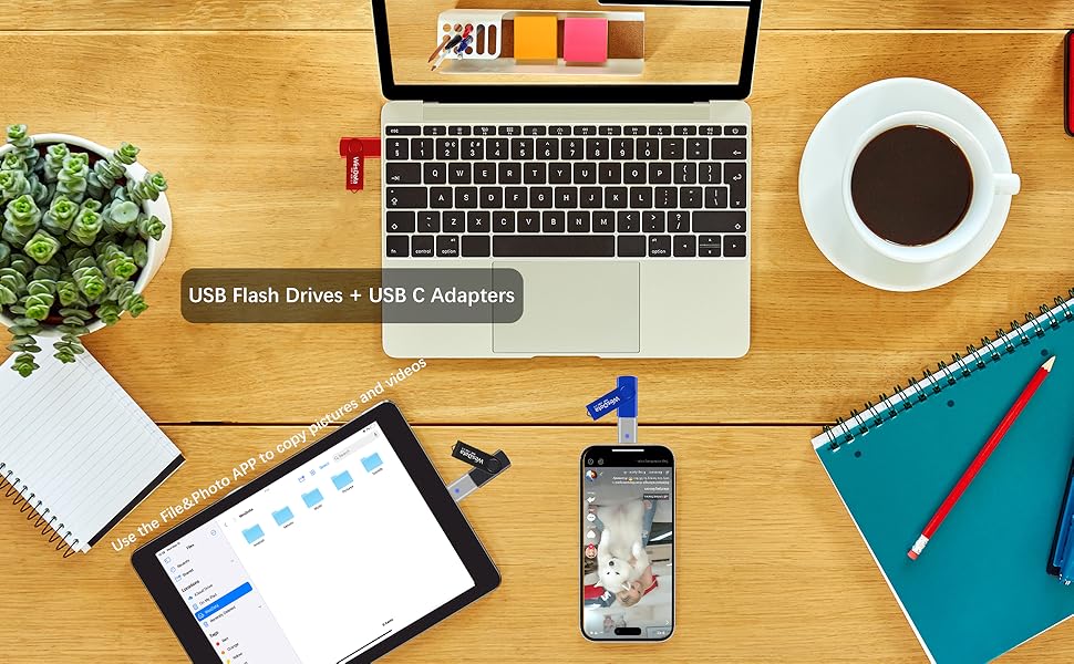 5 pack 8GB USB flash drives and 2 USB C adapters in a Case A-5