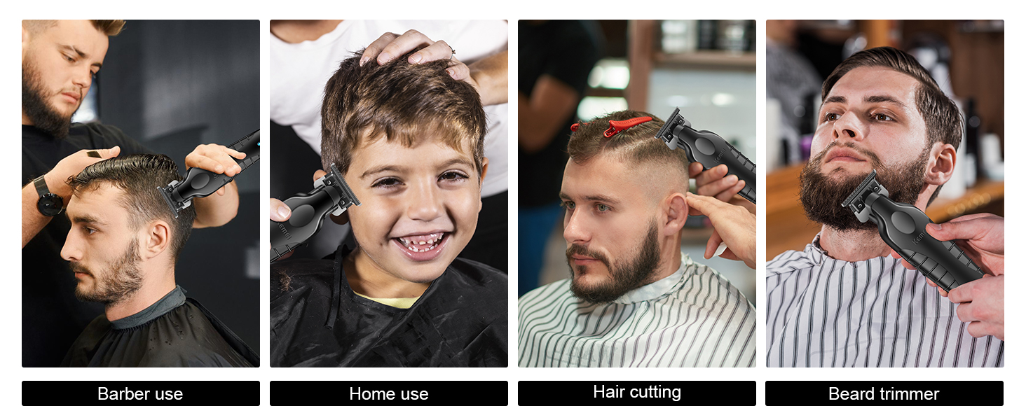 Four-panel image showcasing hairstyling tools: electric clippers for haircuts, manual scissors for trimming, electric trimmer for hair edging, and a specialized beard trimmer for facial hair grooming.