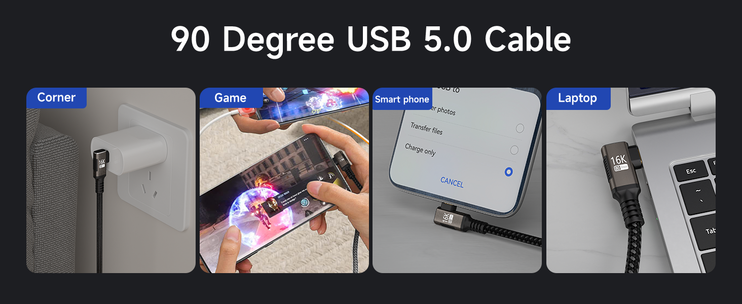 Right-angle cable, usable in corners