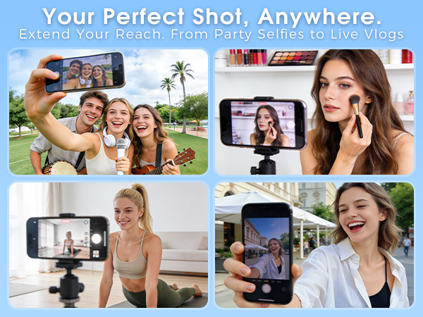 Text reads 'Image 7' and 'Your Perfect Shot. Anywhere.' Multiple lifestyle photos showing mobile photography scenarios with tripod or camera mount device.
