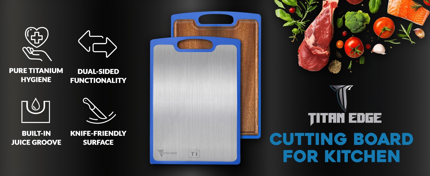 Dual-sided titanium and stainless kitchen board for slicing