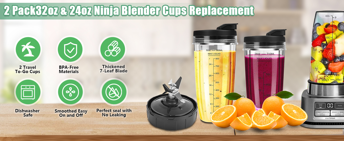 Blender Replacement Parts for Ninja, 24oz Ninja Blender Cups with To-Go Lids