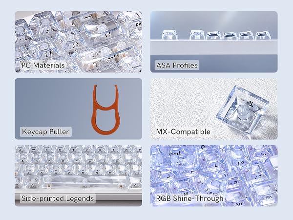 PC material, ASA-profile, MX-switch compatible, side-printed legend, RGB shine-through keycaps