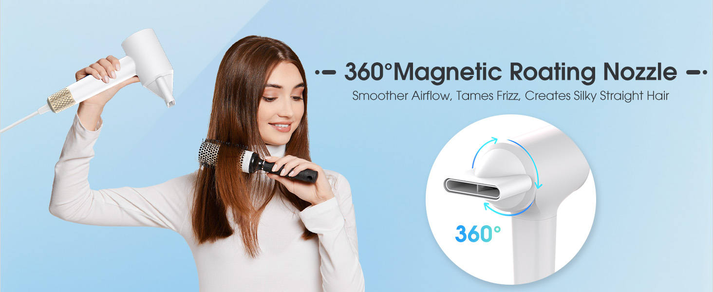 Plasma Hair Dryer 360°Magnetic Roating Nozzle Hair Dryer, Brushless Motor Fast Drying Blow Dryer