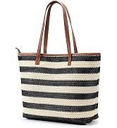 KALIDI Straw Tote Beach Bag Striped Shoulder Handbag Stitch Woven PU Leather Handle Zippe Travel ...