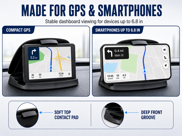 GPS and cell phone holder for car dashboard, fits smartphones up to 6.8 in for hands-free viewing