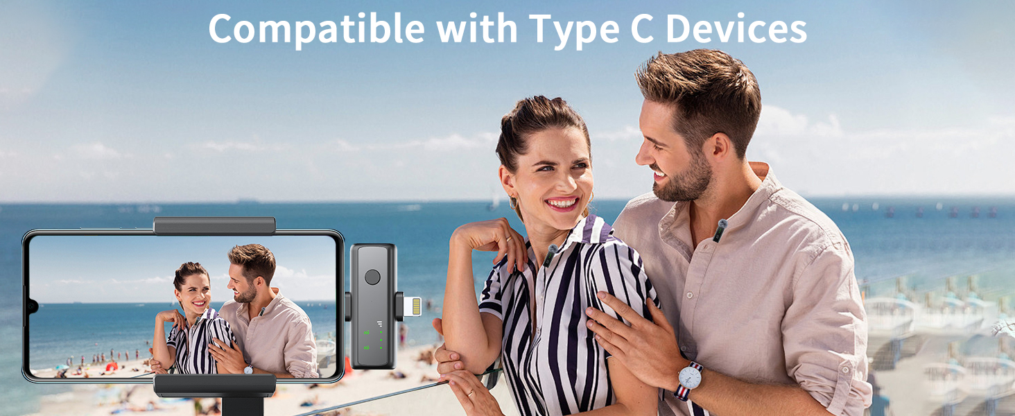 Text reads 'Compatible with Type C Devices'. Series of lifestyle photos showing people using electronic devices in various settings.