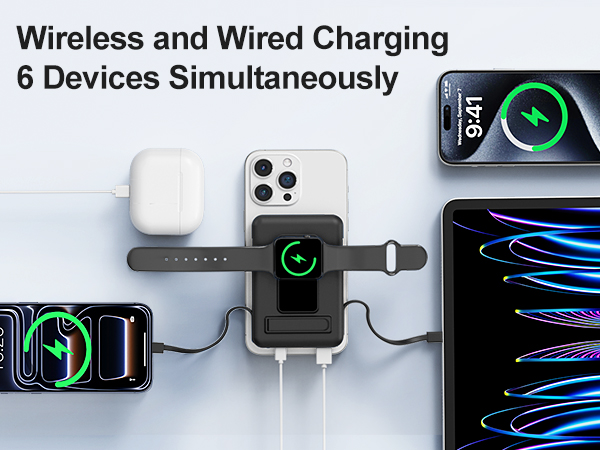 Text reads 'Wireless and Wired Charging' and '6 Devices Simultaneously'. Technical diagram showing multiple devices connected to charging system with blue illuminated connection lines.