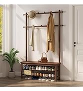 AQIMUELE Coat Rack with Shoe Storage, Wooden Hall Tree with Bench, 11 Hooks and 2-Tier Storage Sh...