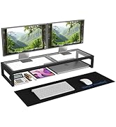 Simple Trending Dual Monitor Stand Riser, Glass Metal Computer Desk Organizer with Mouse Pad and ...