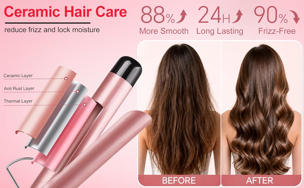 Text reads 'Ceramic Hair Care' with percentages '88%' '24h' '90%', showing pink ceramic hair styling products and before/after hair results demonstrating shine and smoothness.