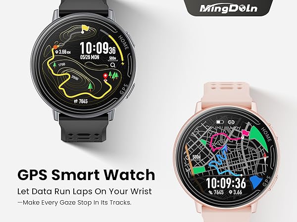Text reads 'GPS Smart Watch' and 'Let Data Run Laps On Your Wrist'. Multiple views of a smartwatch displaying colorful interface screens with fitness tracking features.