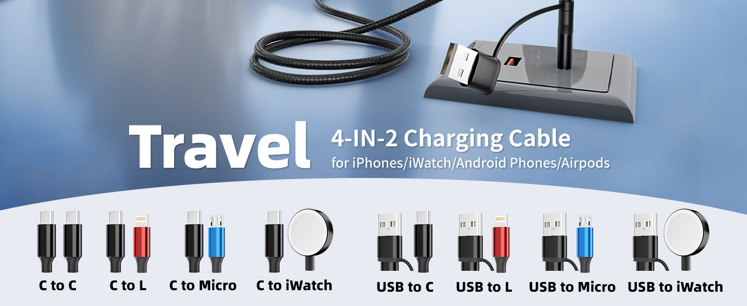 Travel Vacation Essentials 4 in 2 Charging Cable for Apple iWatch Charger