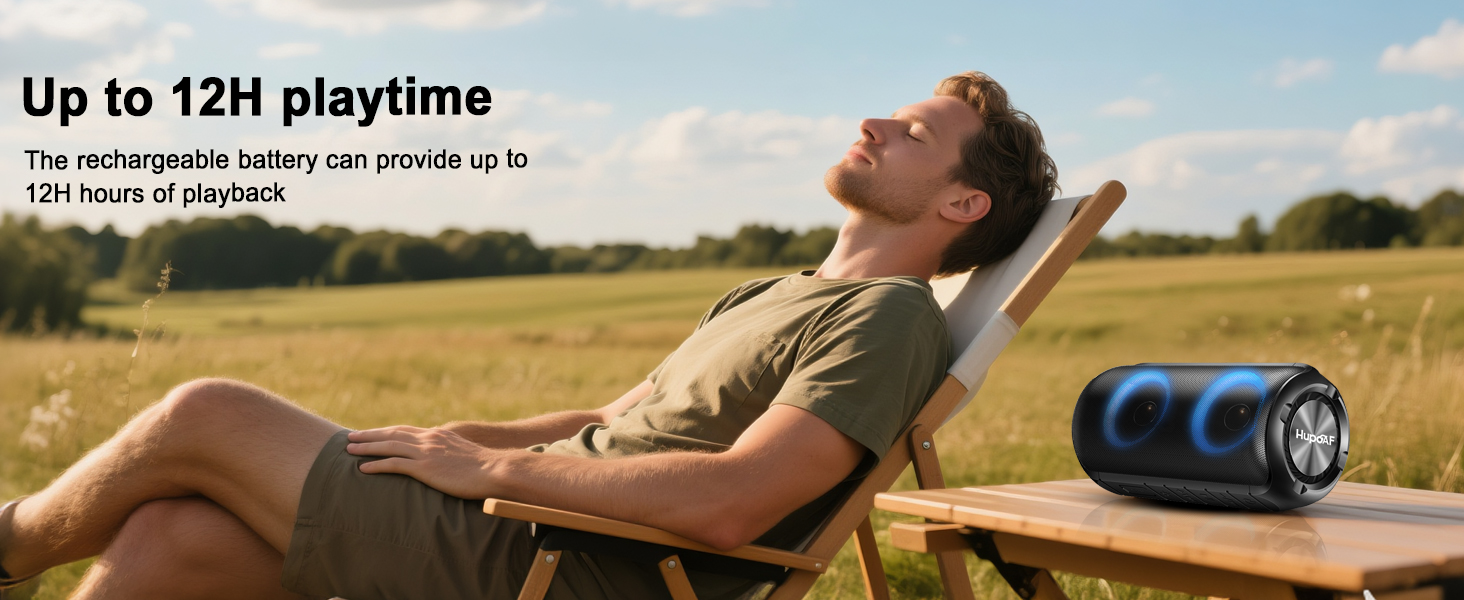 Text reads 'Up to 12H playtime'. Outdoor lifestyle photos showing relaxation in sunny field settings, featuring portable device usage.
