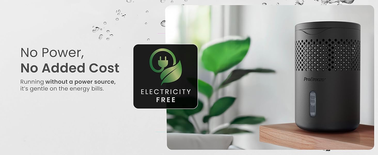 Black cylindrical smart speaker on wooden surface next to a plant. Text overlay reads 'No Power, No Added Cost' with a green leaf icon.