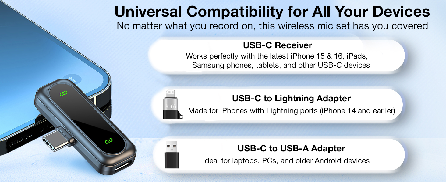 USB-C Wireless Lavalier Mic for Android, iPhone 15, Tablet, PC – Clip-On Mini Mic