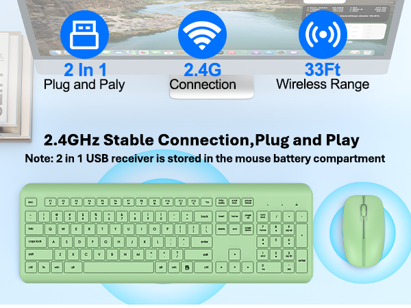 Wireless Keyboard and Mouse Combo, Full Size Silent Ergonomic Keyboard Mouse