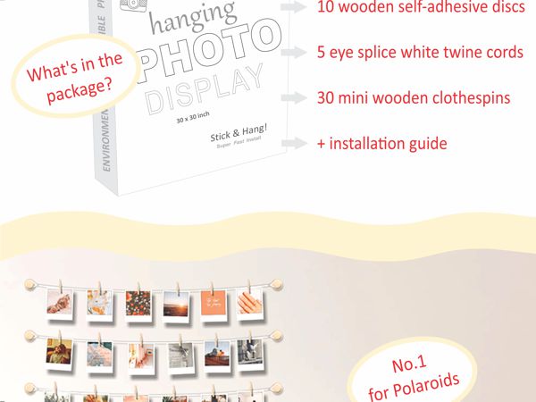 Hanging Photo Display Room Wall Decor - 5 Strings with 30 Clips - Sculptural Picture Frames Collage