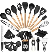 Astercook 39 PCS Kitchen Utensils Set, Silicone Cooking Utensil Sets with Wooden Handle, 446°F He...