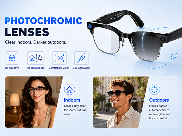Photochromic smart glasses with clear indoor lenses, darker outdoor tint, UV comfort and 35g frame.