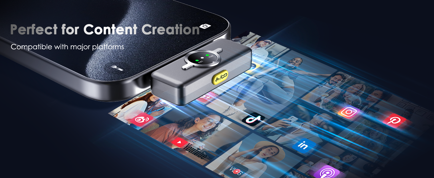 Wireless microphone for content creation, compatible with YouTube, TikTok, and Instagram.