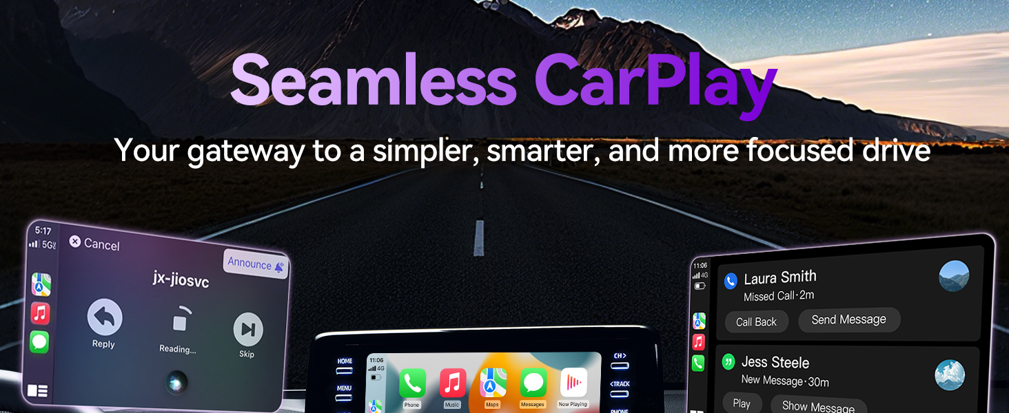 Wireless Apple CarPlay adapter for iPhone providing navigation music messaging and hands free calls