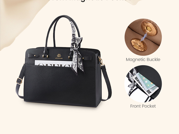 LOVEVOOK Laptop Bag: Convenient front pocket with hidden magnetic closure for easy access to items.