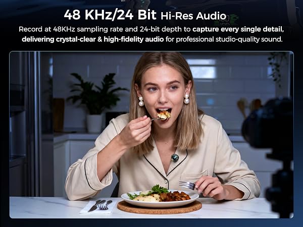 Text reads '48 KHz/24 Bit Hi-Res Audio' and 'Delivering crystal-clear &amp; high-fidelity audio for professional studio-quality sound'. Banner showing dining setup and audio recording equipment.
