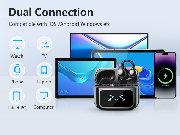 Open Ear Clip On Earbuds Intelligent Touch Color Screen Open Ear Wireless Bluetooth 5.4 Headphones