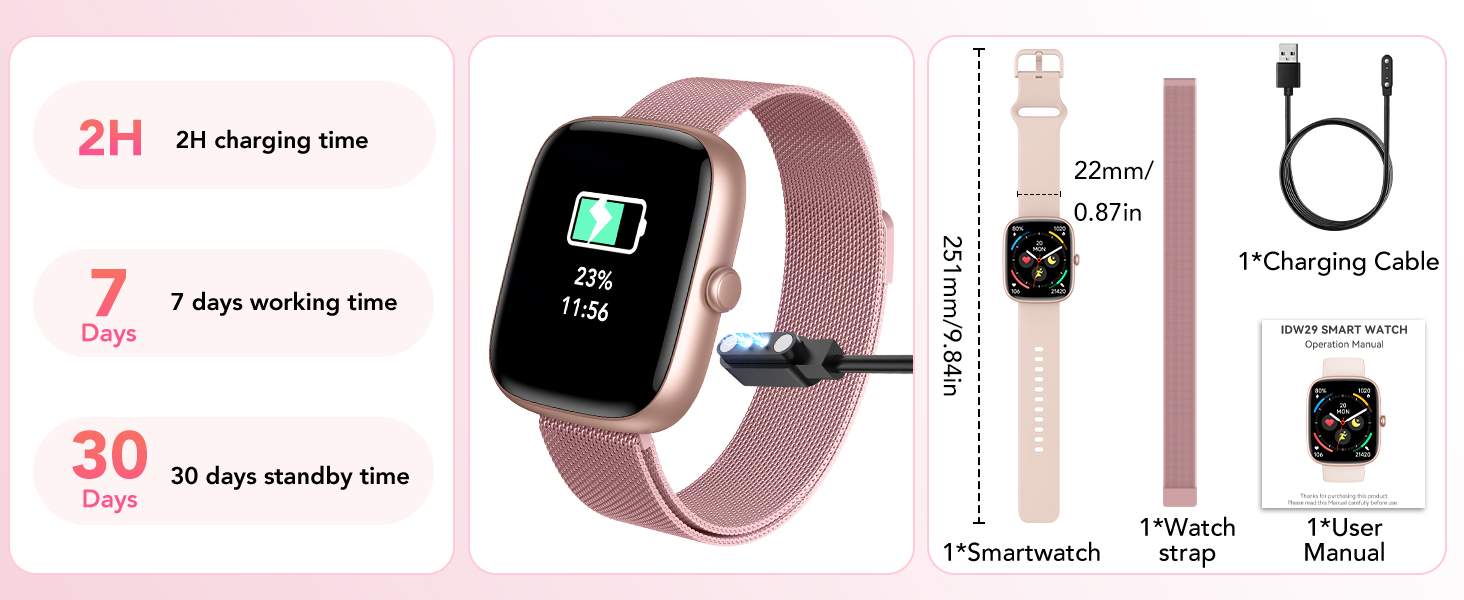 Text reads '24 all-day battery', '7 days standby time', '30 sports modes available.' Smartwatch with pink band shown with interchangeable straps and charging cable on pink background.