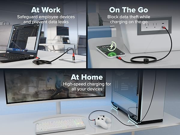 USB C charging cable used with PC, laptop, and phone in home, office, and airport settings