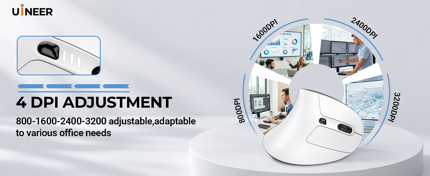 Text reads 'UMBER', '4 DPI ADJUSTMENT', 'With/Without Software'. Product packaging showing gaming mouse with multiple DPI settings and comparison photos.