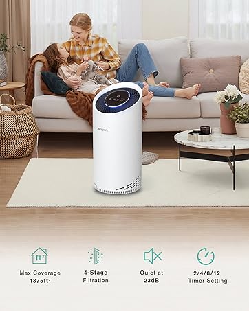 women happy with air purifier in living room
