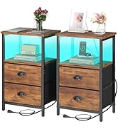 Sthmec Rustic Brown Industrial Nightstand Set of 2, Bedside Table with 2 Fabric Drawers, 3-Tier S...